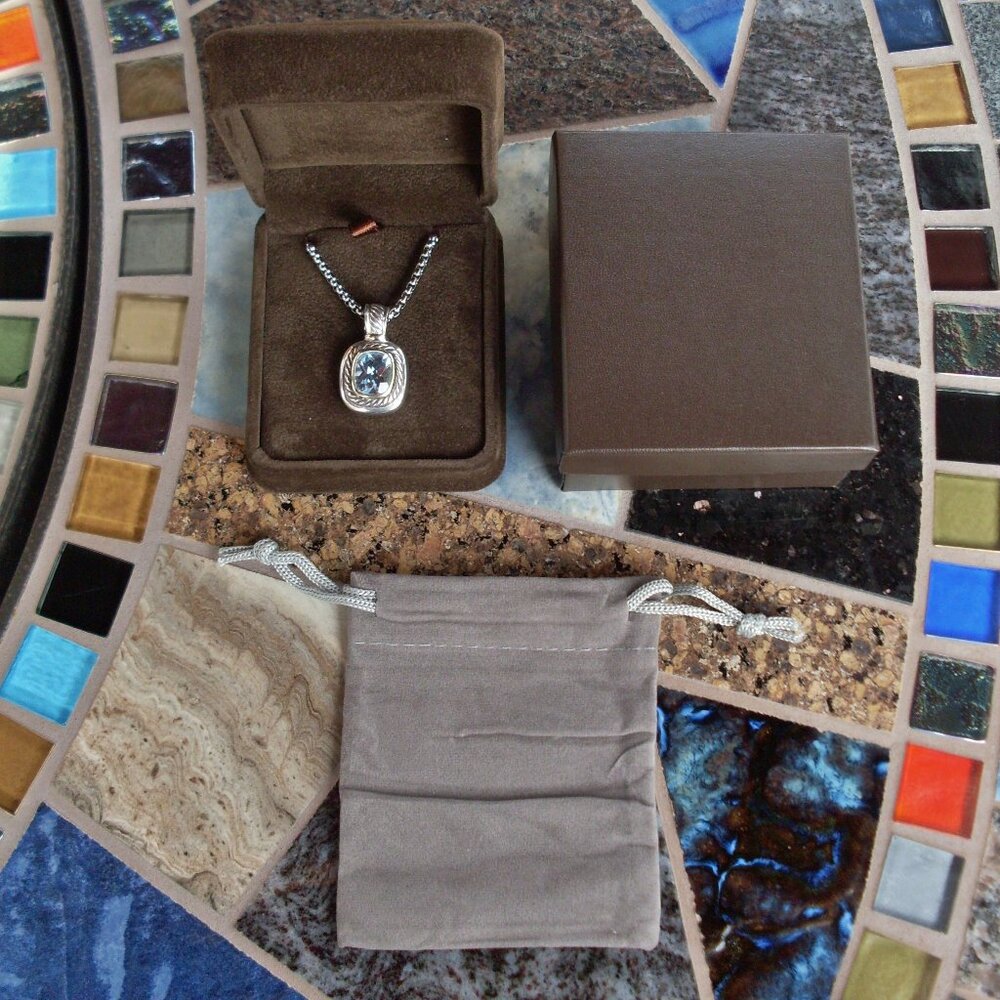 Retired David Yurman Albion Blue Topaz Enhancer Pendant w/Chain - 14K/925 - Picture 2 of 13